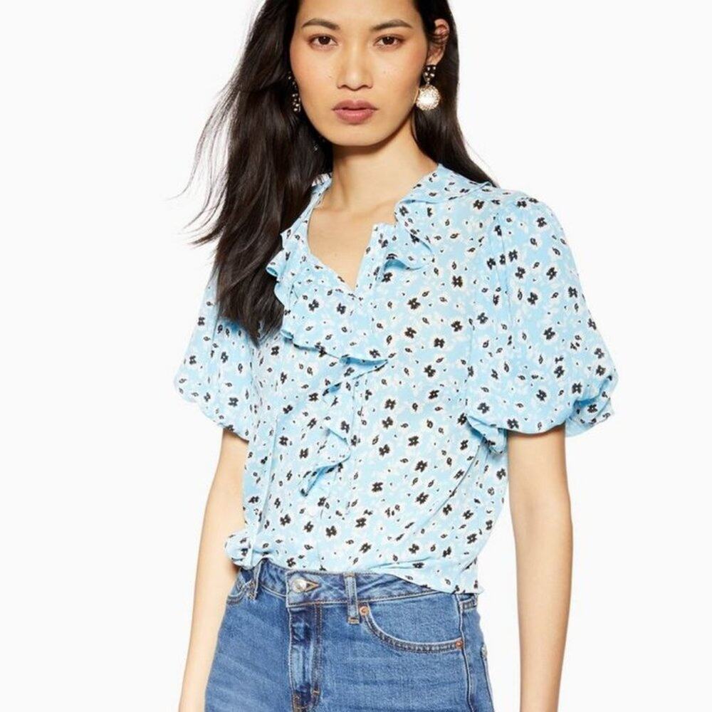 TOPSHOP Blue Floral Ruffle Tea Top Blouse 2 NWT